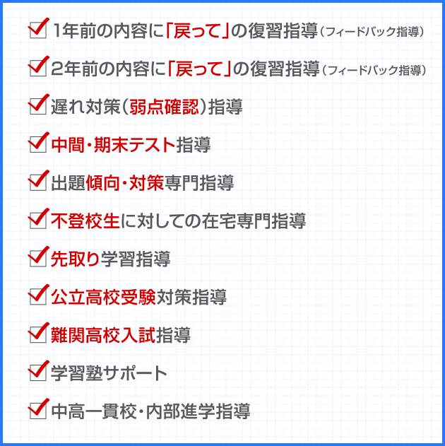 1年前の内容に「戻って」の復習指導（フィードバック指導）、2年前の内容に「戻って」の復習指導（フィードバック指導）、遅れ対策（弱点確認）指導、中間・期末テスト指導、出題傾向・対策専門指導、不登校生に対しての在宅専門指導、先取り学習指導、公立高校受験対策指導、難関高校入試指導、学習塾サポート、中高一貫校・内部進学指導